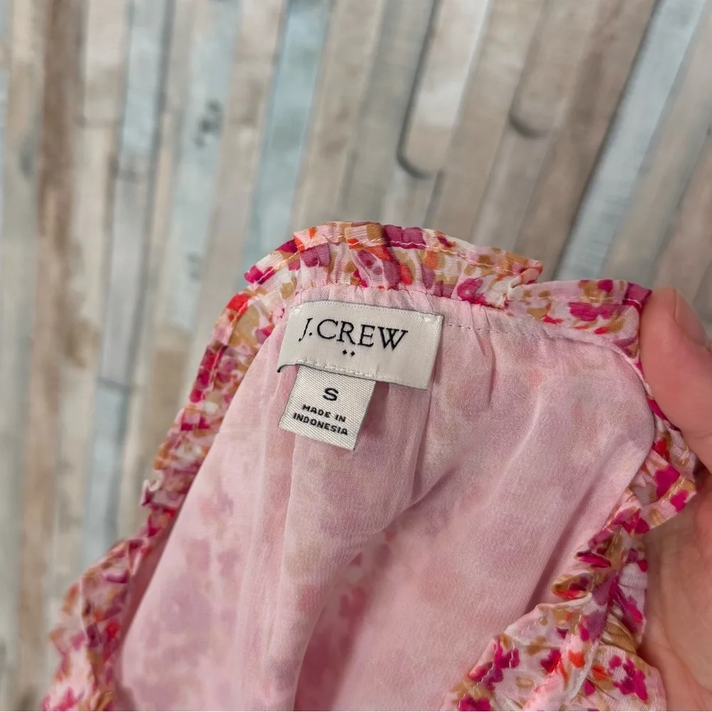 J Crew S Ruffle Collar Top Blouse Pink Ditsy Floral Print Easter Spring Feminine